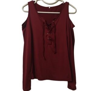 Red Cold Shoulder Long Sleeved Top With Cross Ties Size Small